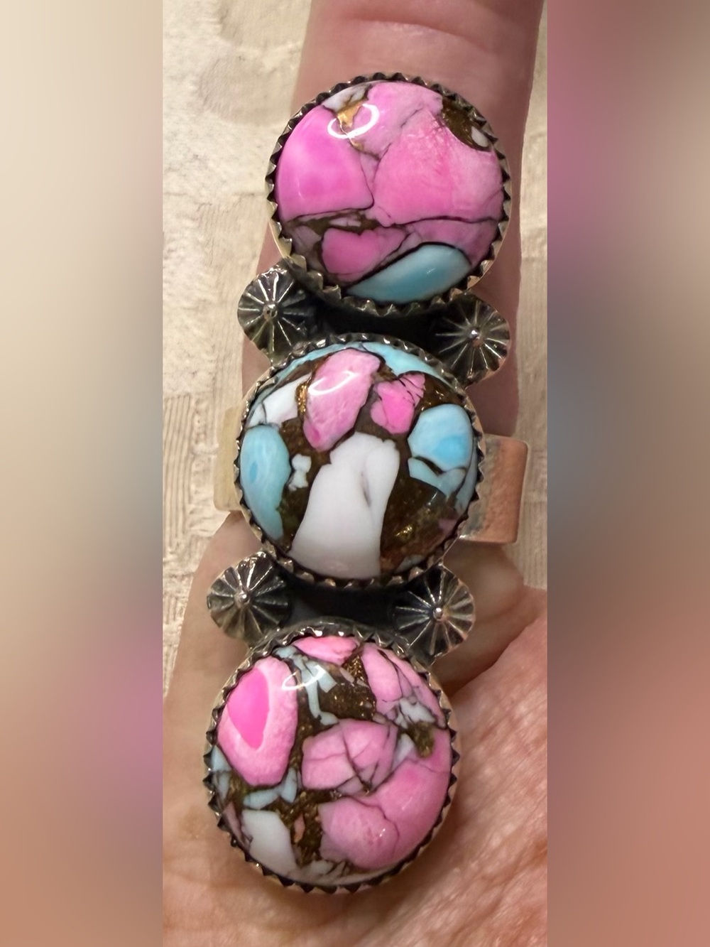“Cotton Candy Dahlia” Turquoise and Sterling Silver Ring